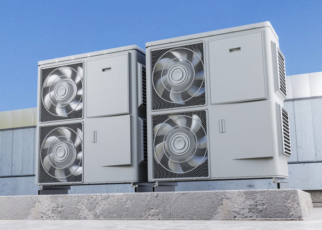 close up heat pump outside home